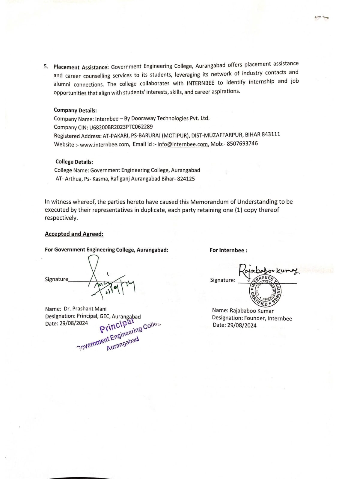 MoU Between Internbee and GEC, Aurangabad